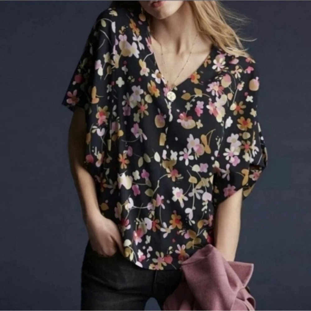 Cabi Charm Blouse Black Floral Kimono Origami Oversized Dolman Sleeve Women Top